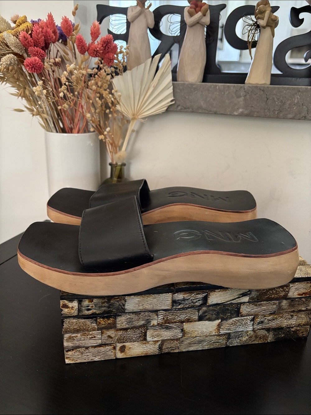 MNG (39) Leather Sandal Wood Insole Rubber Insole Slide Strap Square Toed Mango - Picture 4 of 12